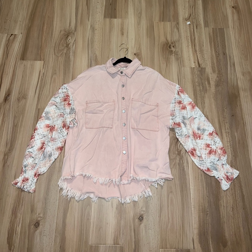 Boho POL Jacket with Raw Hem Lace Floral Cuffed Sleeves Medium